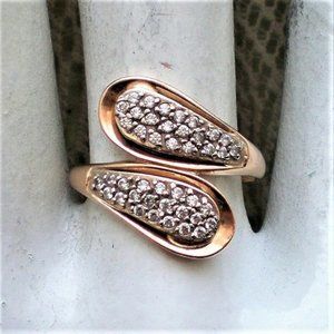 Vintage Russian Russia USSR 14K 585 Rose Pink Gold 0.37CT CZ Cluster Bypass Ring